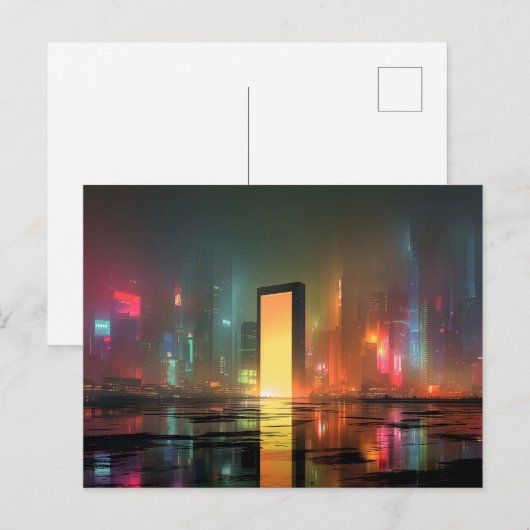 ネオン反射のある未来的な都市景観 ポストカード (正面/裏面)