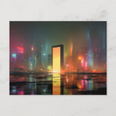 ネオン反射のある未来的な都市景観 ポストカード (正面)