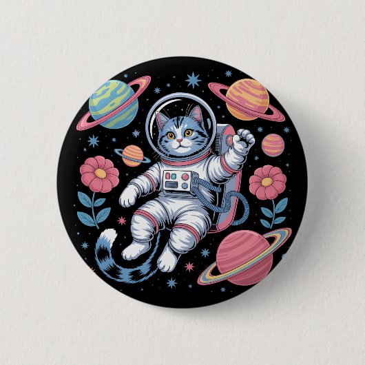 ネオン宇宙の猫宇宙飛行士 缶バッジ (正面)