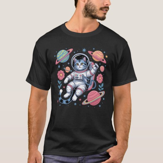 ネオン宇宙の猫宇宙飛行士 Tシャツ (正面)
