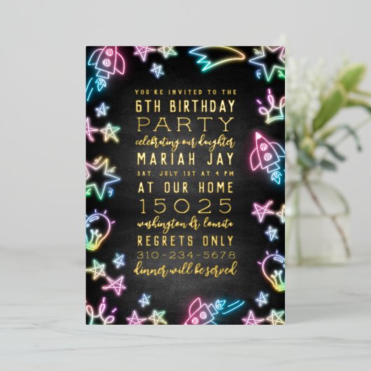 ネオン宇宙ドードレス子供の誕生日パーティー 箔招待状 (立ち正面)