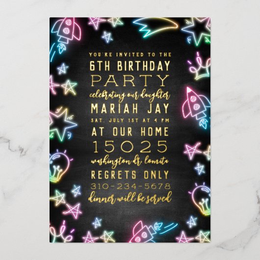 ネオン宇宙落書き子供の誕生日パーティー 箔招待状 (正面)