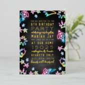 ネオン宇宙落書き子供の誕生日パーティー 箔招待状 (立ち正面)