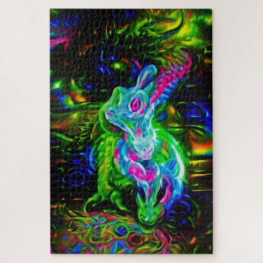 ネオン幻想のサイケデリックうさぎドラゴン ジグソーパズル (縦)