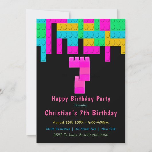 ネオン建物ブロック7番目の誕生日招待状 (正面)