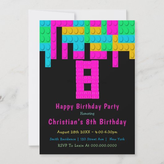 ネオン建物ブロック8番目の誕生日招待状 (正面)