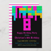 ネオン建物ブロック8番目の誕生日招待状 (正面/裏面)