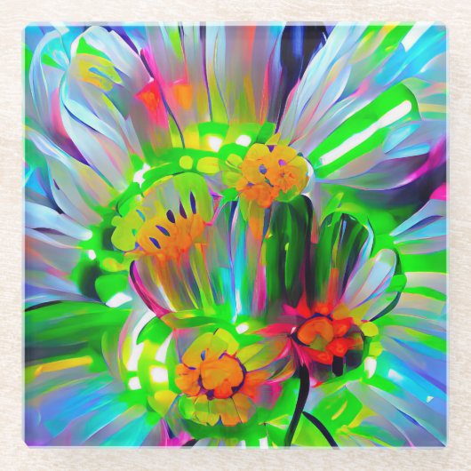 ネオン抽象芸術デイジーと鮮やかな色彩 ガラスコースター (正面)