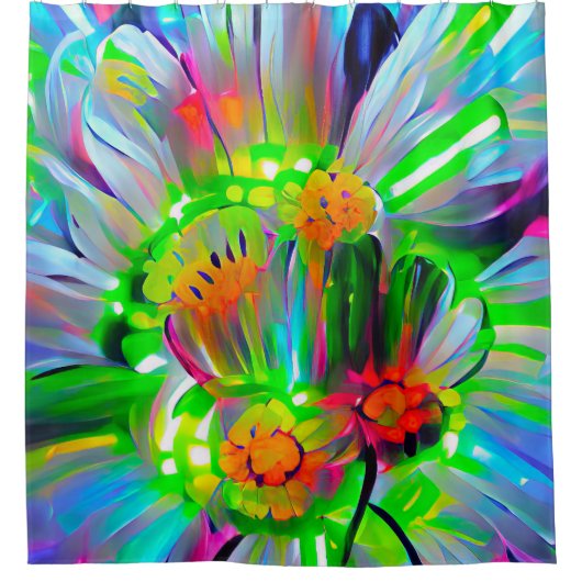 ネオン抽象芸術デイジーと鮮やかな色彩 シャワーカーテン (正面)