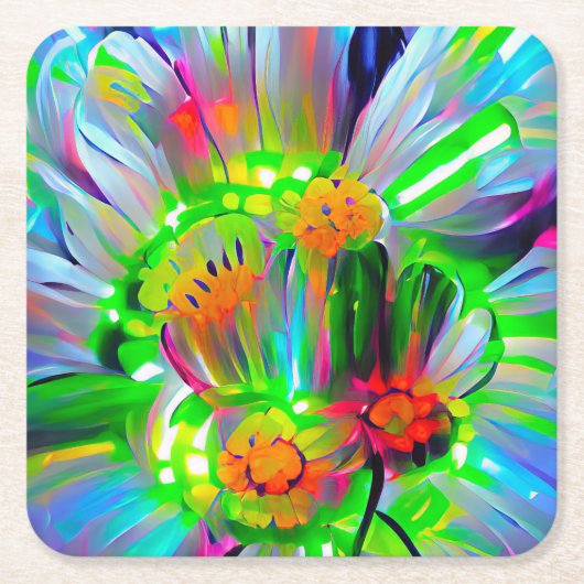 ネオン抽象芸術デイジーと鮮やかな色彩 スクエアペーパーコースター (正面)