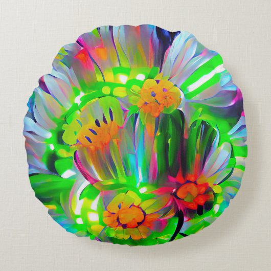 ネオン抽象芸術デイジーと鮮やかな色彩 ラウンドクッション (正面)