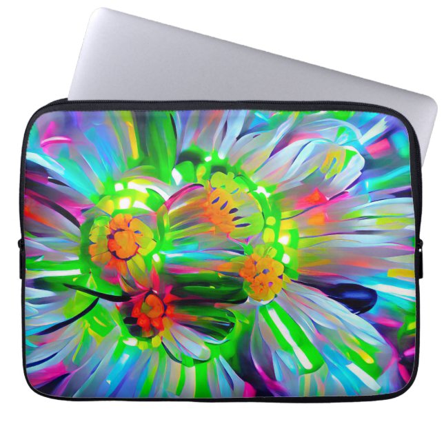 ネオン抽象芸術デイジーと鮮やかな色彩 ラップトップスリーブ (正面)