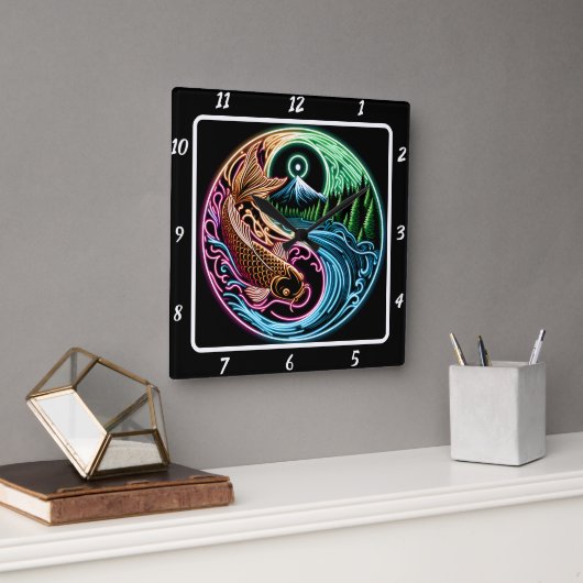 ネオン放射コイ金ゴールド魚の反射 スクエア壁時計 (オフィス)