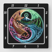 ネオン放射コイ金ゴールド魚の反射 スクエア壁時計 (正面)