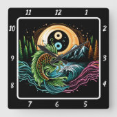 ネオン放射コイ金ゴールド魚の静けさ スクエア壁時計 (正面)