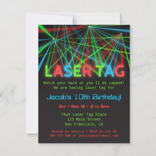 ネオン文字のレーザータグの誕生日パーティーの招待状 招待状 (正面)