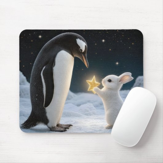 ネオン星を持つウサギとペンギン マウスパッド (マウス)