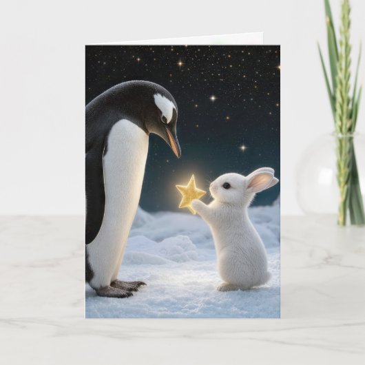 ネオン星を持つクリスマスのウサギとペンギン カード (正面)