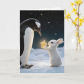 ネオン星を持つクリスマスのウサギとペンギン カード (黄色い花)