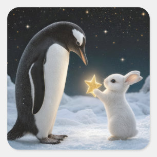 ネオン星を持つクリスマスのウサギとペンギン スクエアシール