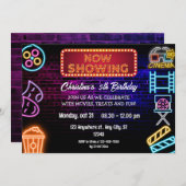 ネオン映画の夜の誕生日パーティーへの招待 招待状 (正面/裏面)