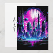 ネオン未来的なサイバースケープのスカイライン 案内状 (正面/裏面)