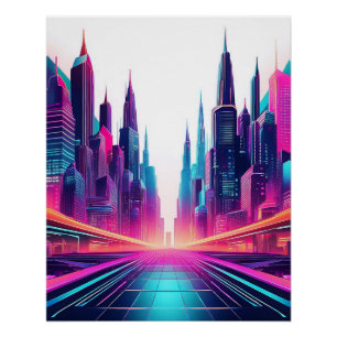 ネオン未来的な街並はっきりした- Sci-Fi Art ポスター