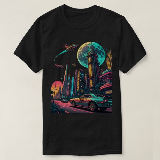 ネオン未来都市ステッカー。 Tシャツ (デザイン正面)
