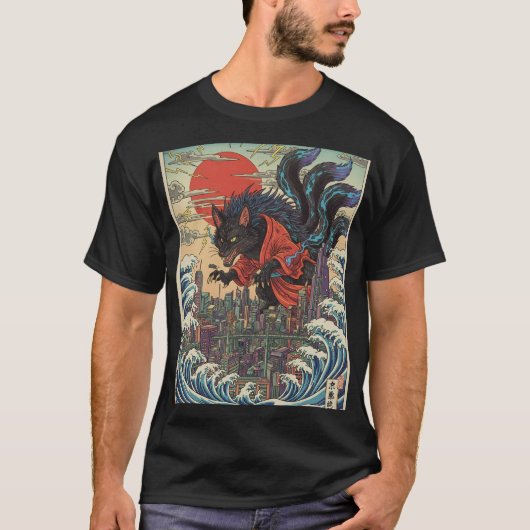 ネオン東京の夕焼けに佇むローグウルフ Tシャツ (正面)