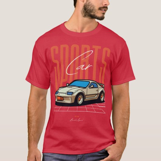 ネオン格子の上のレトロスポーツカー かわいい男の子 Tシャツ (正面)
