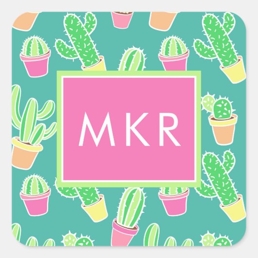 ネオン水彩サボテンポット柄 スクエアシール (正面)