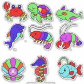ネオン海の生き物ステッカーセット – 9個の鮮やかな水中世界 シール (正面)