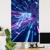 ネオン点灯の宇宙を通してホログラフィックドッグが鳴る ポスター (ホームオフィス)