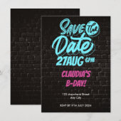 ネオン煉瓦壁のバースデーSave the Date 招待状 (正面/裏面)