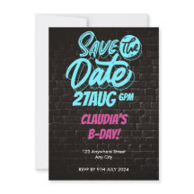 ネオン煉瓦壁のバースデーSave the Date