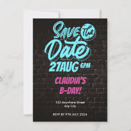 ネオン煉瓦壁のバースデーSave the Date 招待状