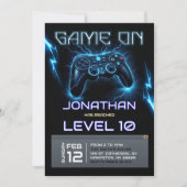 ネオン照明ビデオゲームレベルアップ誕生日 招待状 (正面)