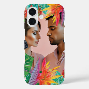 ネオン熱いピンクの熱帯花ジャングルの羽 iPhone 16ケース