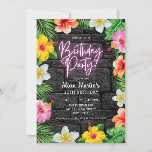 ネオン熱帯林夏ハワイ誕生日パーティー 招待状 (正面)