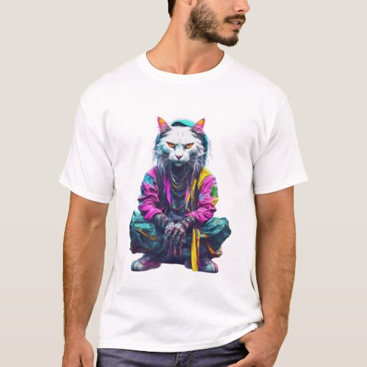 ネオン猫：サイバーパンクストリートウェア Tシャツ (正面)