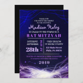 ネオン白熱［赤熱］光を放つスターズバルミツワー招待状パープル 招待状 (正面/裏面)