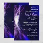 ネオン白熱［赤熱］光を放つスターズバルミツワー招待状パープル 招待状 (正面/裏面)