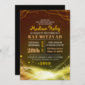 ネオン白熱［赤熱］光を放つスターズバルミツワー招待状金ゴールド 招待状 (正面/裏面)