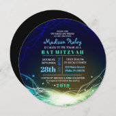 ネオン白熱［赤熱］光を放つスターズバー（ユダヤ教の）バル・ミツバー招待状ブルー 招待状 (正面/裏面)