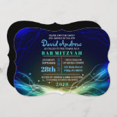 ネオン白熱［赤熱］光を放つスターズバー（ユダヤ教の）バル・ミツバー招待状ブルー 招待状 (正面/裏面)