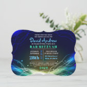 ネオン白熱［赤熱］光を放つスターズバー（ユダヤ教の）バル・ミツバー招待状ブルー 招待状 (スタンド正面)