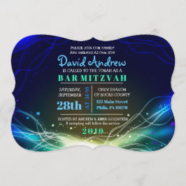 ネオン白熱［赤熱］光を放つスターズバー（ユダヤ教の）バル・ミツバー招待状ブルー 招待状