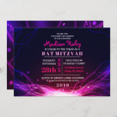 ネオン白熱［赤熱］光を放つスターズ暗い赤紫色バルミツワー招待状 招待状 (正面/裏面)