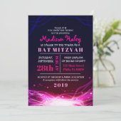 ネオン白熱［赤熱］光を放つスターズ暗い赤紫色バルミツワー招待状 招待状 (スタンド正面)