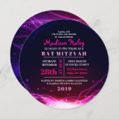 ネオン白熱［赤熱］光を放つスターズ暗い赤紫色バルミツワー招待状 招待状 (正面/裏面)